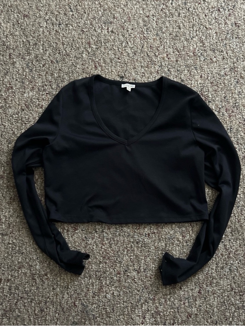 Black V-Neck Long Sleeve Cropped Top - Unknown Brand